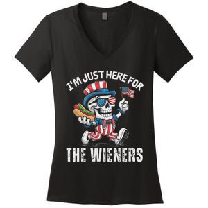 Just Here For The Wieners Funny 4th Of July Hot Dog Skeleton Women's V-Neck T-Shirt