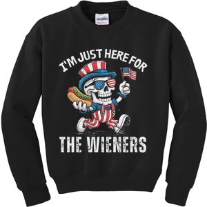 Just Here For The Wieners Funny 4th Of July Hot Dog Skeleton Kids Sweatshirt