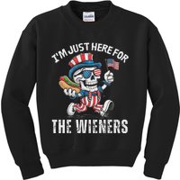 Just Here For The Wieners Funny 4th Of July Hot Dog Skeleton Kids Sweatshirt