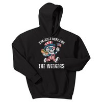 Just Here For The Wieners Funny 4th Of July Hot Dog Skeleton Kids Hoodie