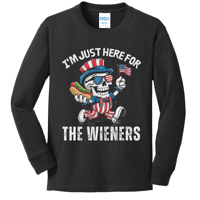 Just Here For The Wieners Funny 4th Of July Hot Dog Skeleton Kids Long Sleeve Shirt