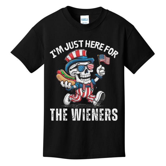 Just Here For The Wieners Funny 4th Of July Hot Dog Skeleton Kids T-Shirt