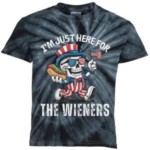 Just Here For The Wieners Funny 4th Of July Hot Dog Skeleton Kids Tie-Dye T-Shirt