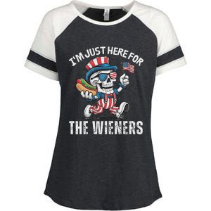 Just Here For The Wieners Funny 4th Of July Hot Dog Skeleton Enza Ladies Jersey Colorblock Tee