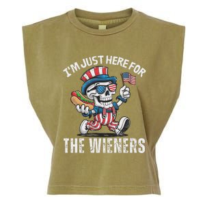 Just Here For The Wieners Funny 4th Of July Hot Dog Skeleton Garment-Dyed Women's Muscle Tee