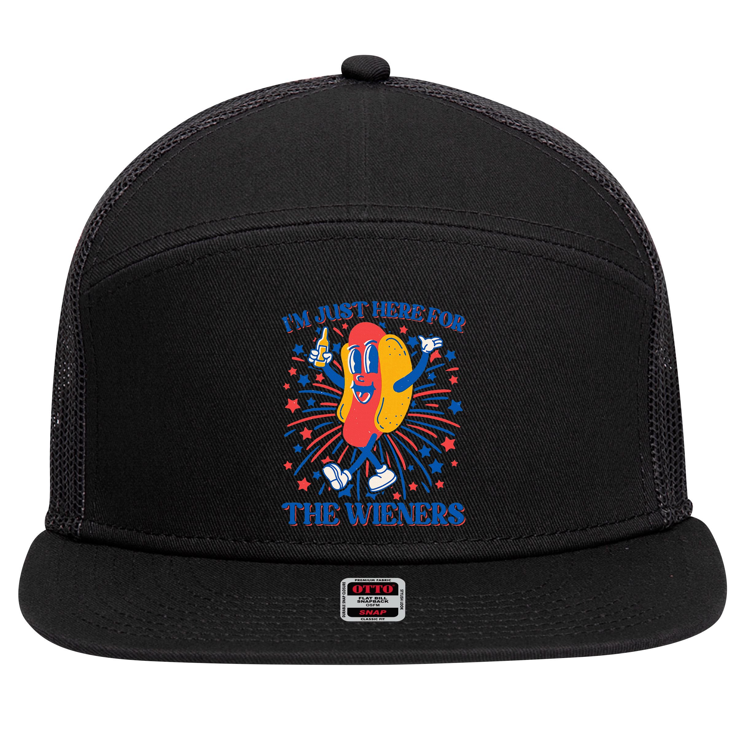 Just Here For The Wieners Hot Dog 4th Of July 7 Panel Mesh Trucker Snapback Hat