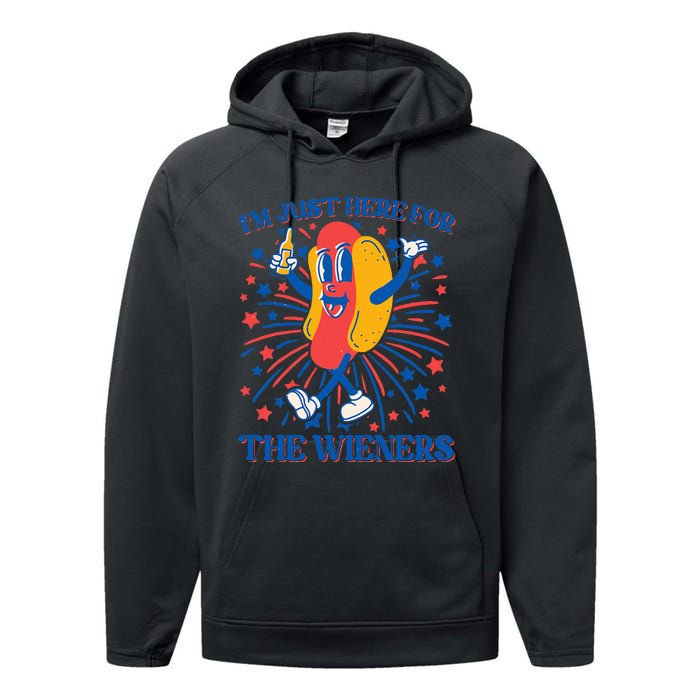 Just Here For The Wieners Hot Dog 4th Of July Performance Fleece Hoodie