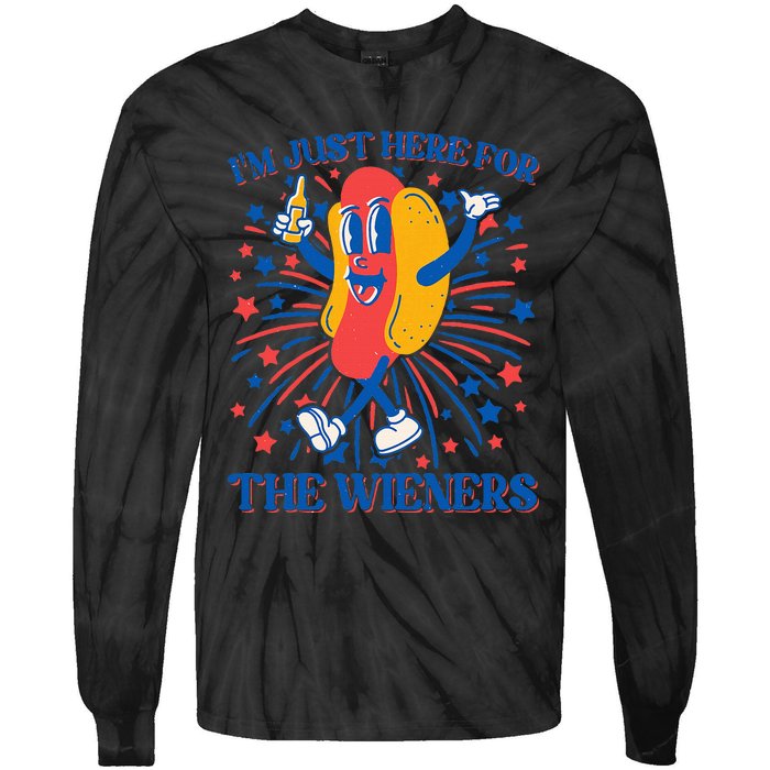 Just Here For The Wieners Hot Dog 4th Of July Tie-Dye Long Sleeve Shirt