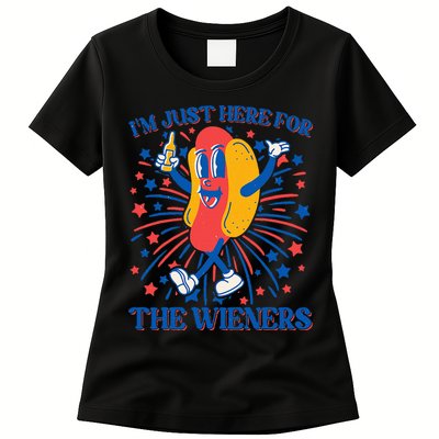 Just Here For The Wieners Hot Dog 4th Of July Womens T-Shirt