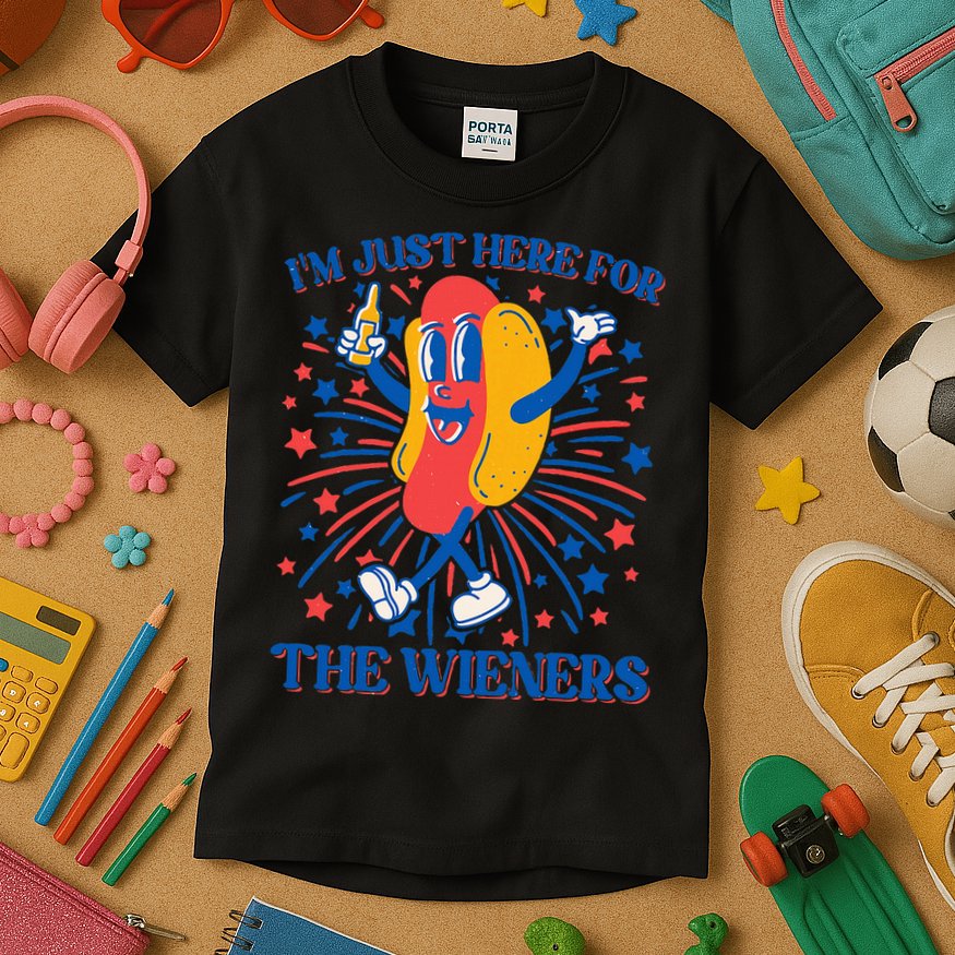 Just Here For The Wieners Hot Dog 4th Of July Kids T-Shirt