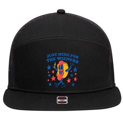 Just Here For The Wieners Funny Hot Dog 4th Of July 7 Panel Mesh Trucker Snapback Hat