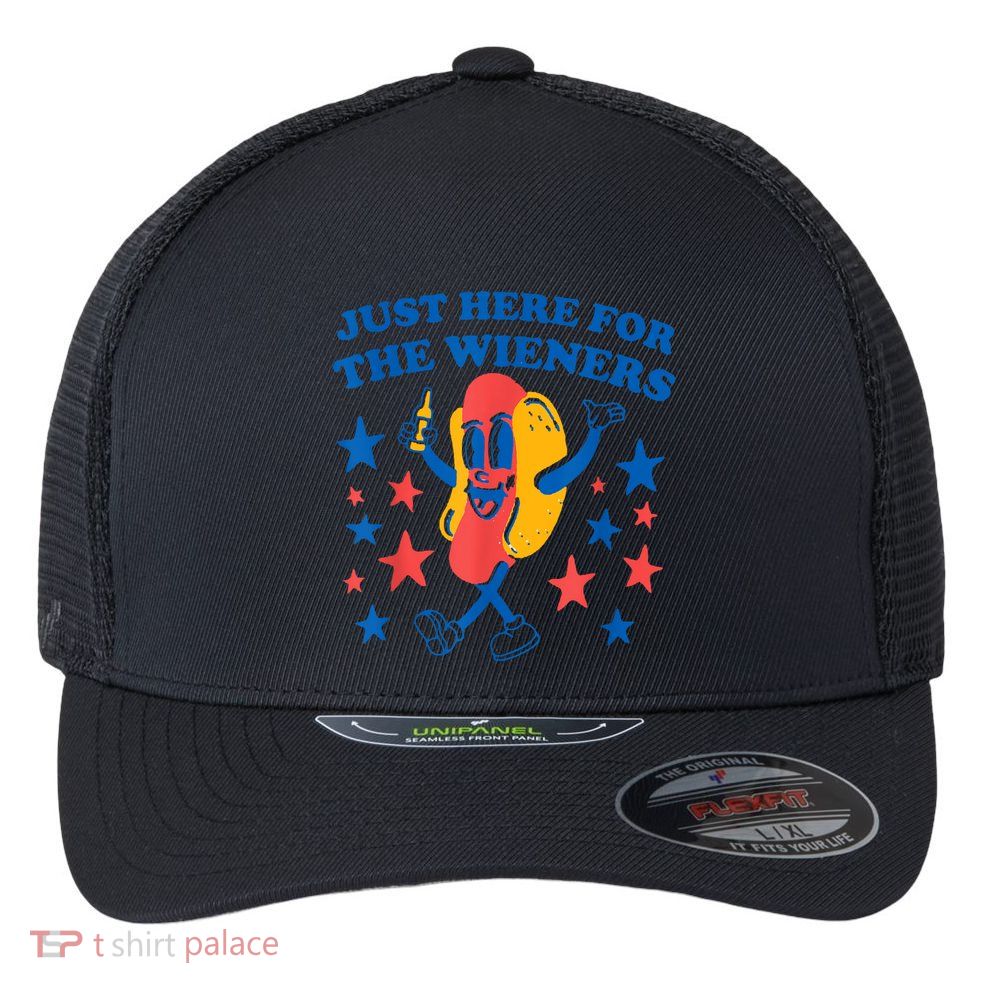 Just Here For The Wieners Funny Hot Dog 4th Of July Flexfit Unipanel Trucker Cap