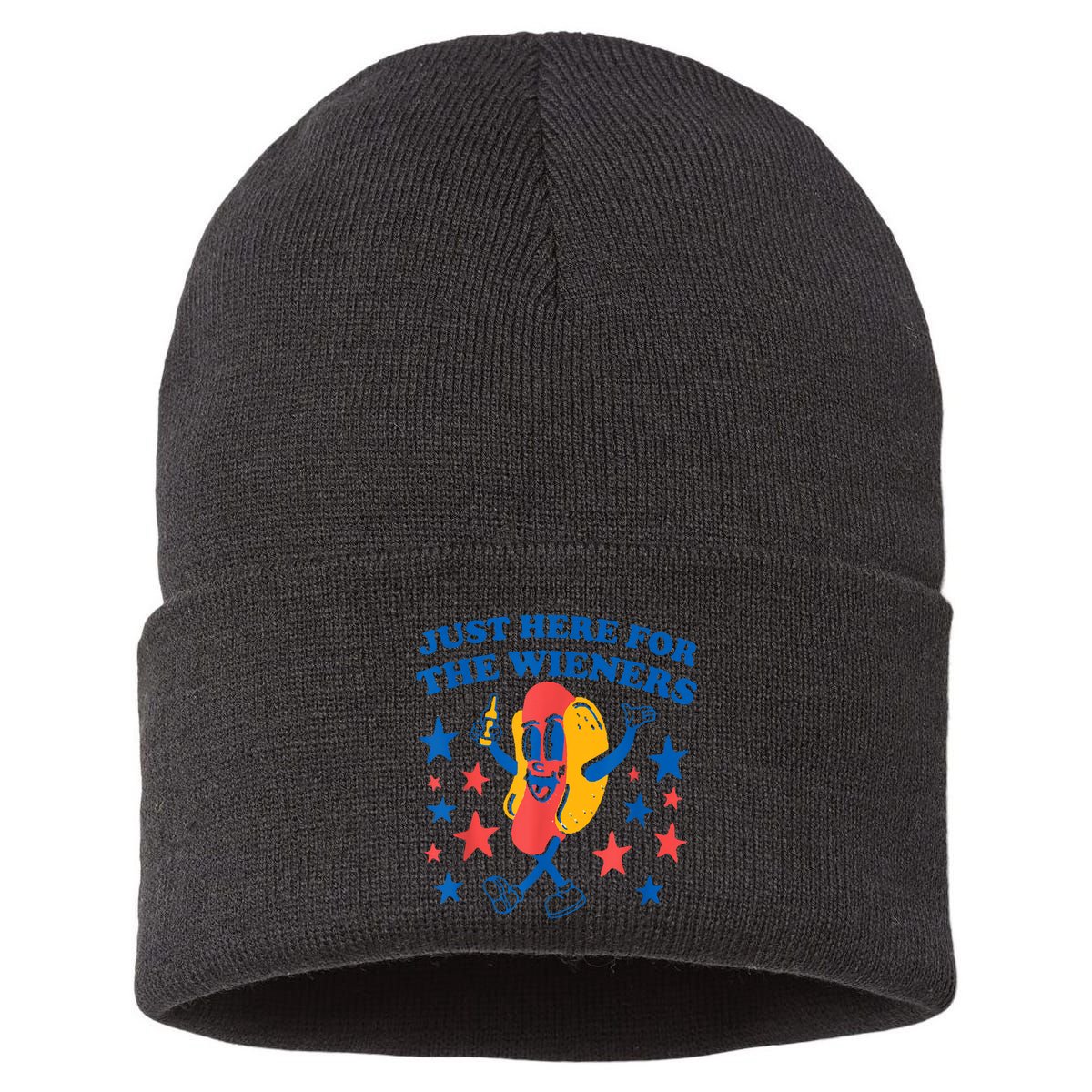 Just Here For The Wieners Funny Hot Dog 4th Of July Sustainable Knit Beanie