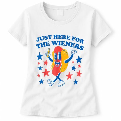 Just Here For The Wieners Funny Hot Dog 4th Of July Womens T-Shirt