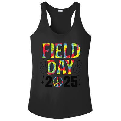 Just Here For Field Day 2025 Sign Peace Teacher Tie Dye Ladies PosiCharge Competitor Racerback Tank