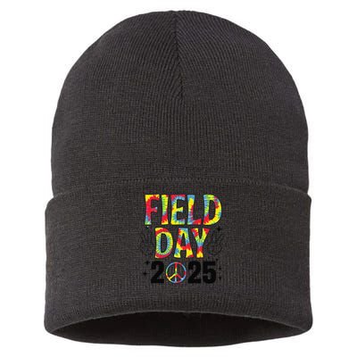 Just Here For Field Day 2025 Sign Peace Teacher Tie Dye Sustainable Knit Beanie