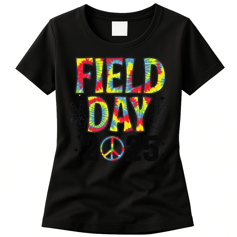 Just Here For Field Day 2025 Sign Peace Teacher Tie Dye Womens T-Shirt