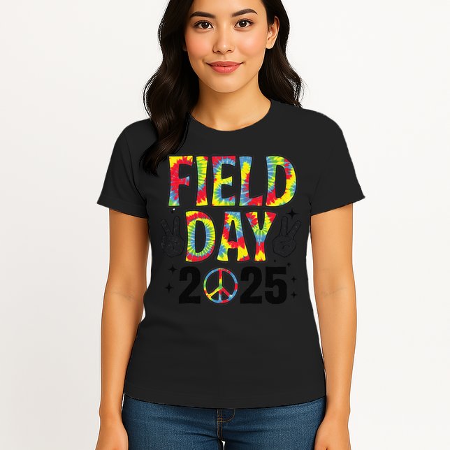 Just Here For Field Day 2025 Sign Peace Teacher Tie Dye Womens T-Shirt