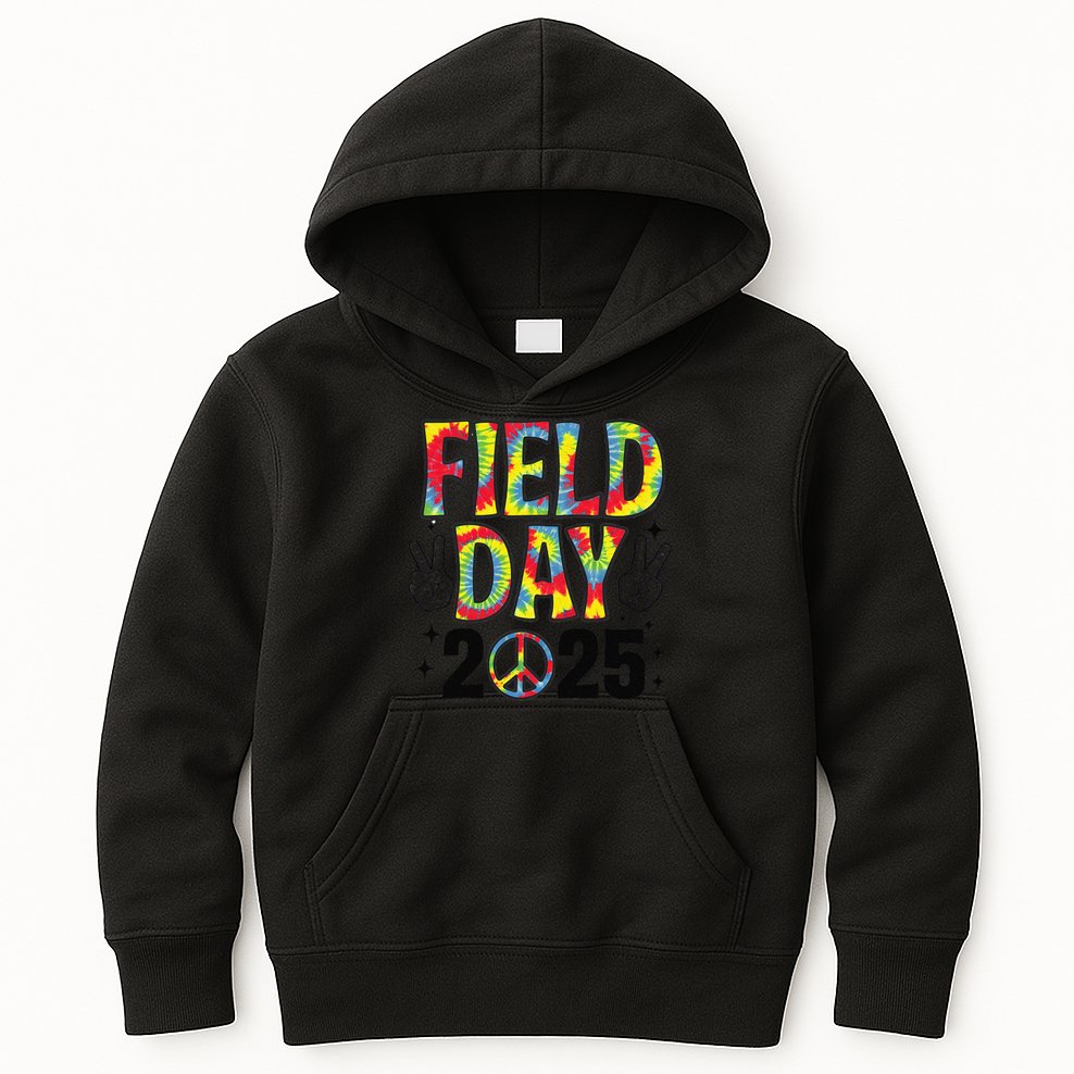 Just Here For Field Day 2025 Sign Peace Teacher Tie Dye Kids Hoodie