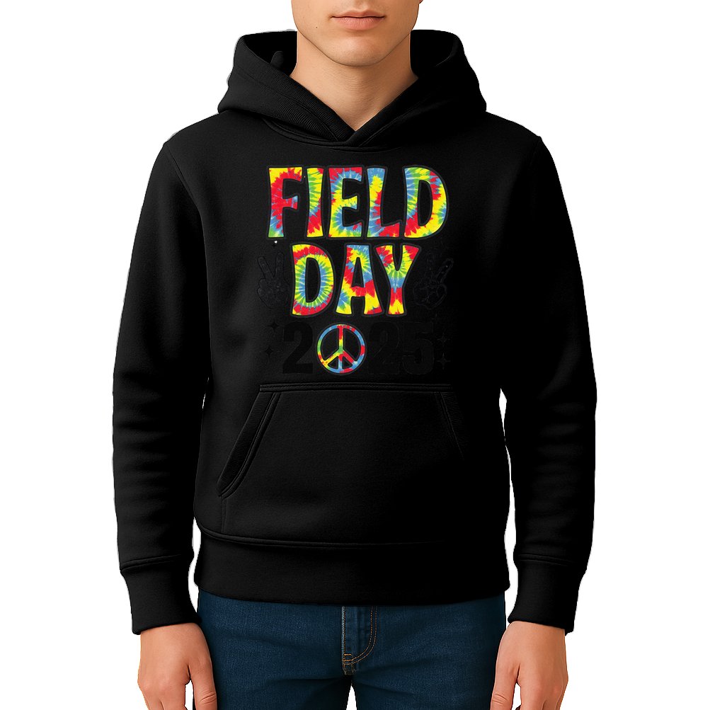Just Here For Field Day 2025 Sign Peace Teacher Tie Dye Kids Hoodie