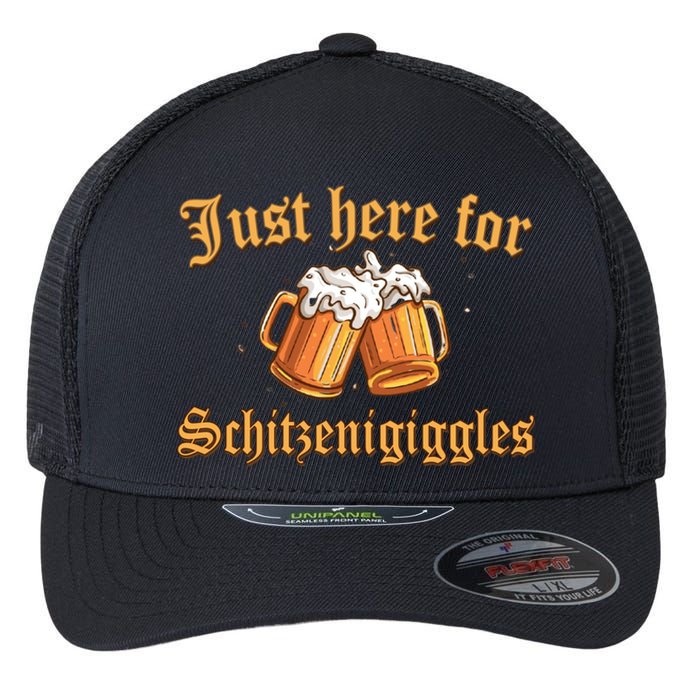 Just Here For Schitzengiggles Funny Oktoberfest Flexfit Unipanel Trucker Cap