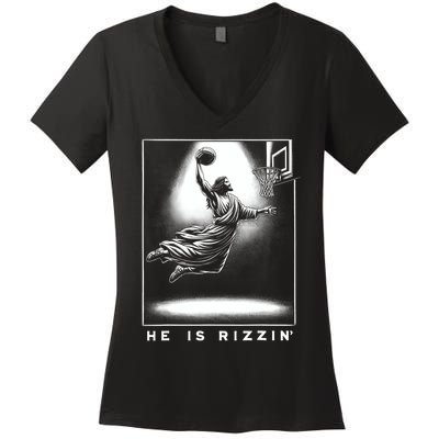 Jesus He Is Rizzin Basketball Easter Christian Religious Women's V-Neck T-Shirt