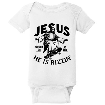 Jesus He Is Rizzin Funny Skateboard Skateboarding Christian Jesus Easter Day Baby Bodysuit