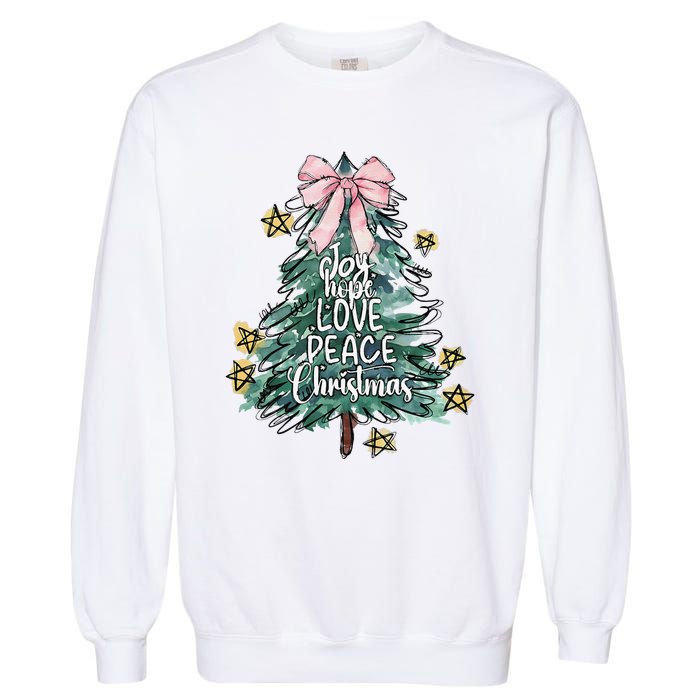 Joy Hope Love Peace Christmas Tree Coquette Bow Xmas Girl Garment-Dyed Sweatshirt