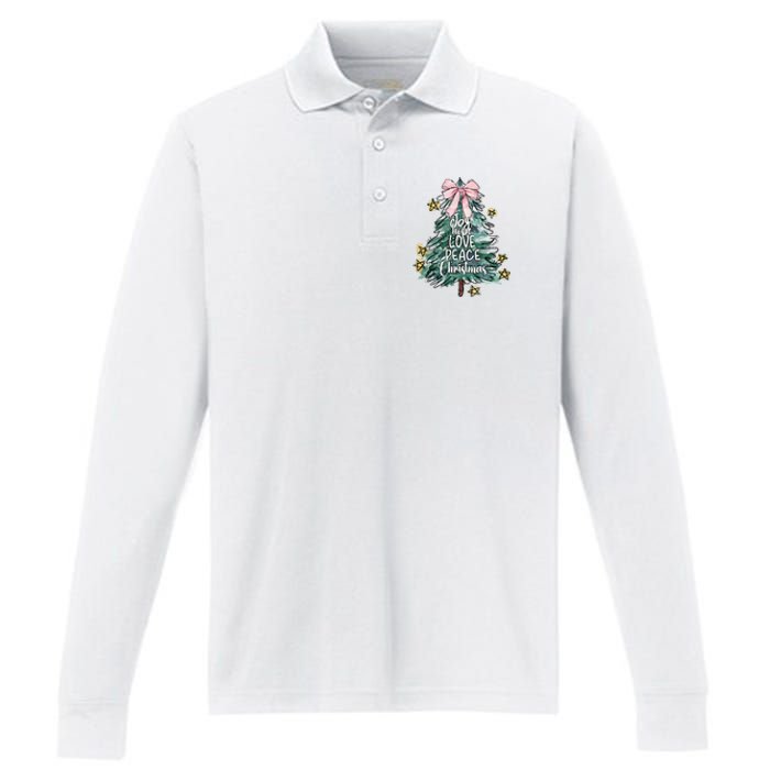 Joy Hope Love Peace Christmas Tree Coquette Bow Xmas Girl Performance Long Sleeve Polo