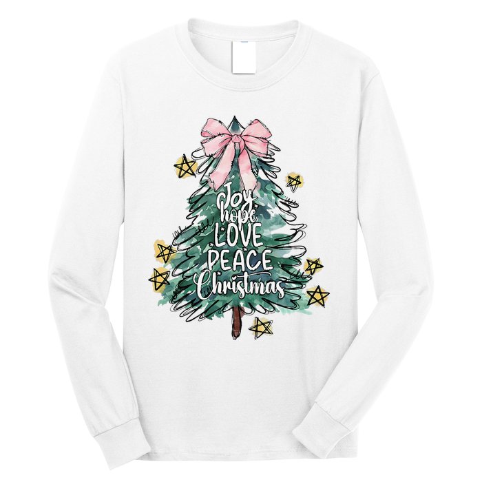 Joy Hope Love Peace Christmas Tree Coquette Bow Xmas Girl Long Sleeve Shirt