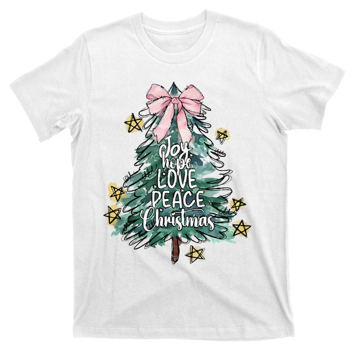 Joy Hope Love Peace Christmas Tree Coquette Bow Xmas Girl T-Shirt