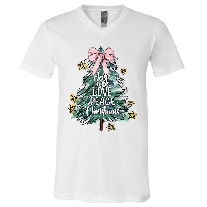 Joy Hope Love Peace Christmas Tree Coquette Bow Xmas Girl V-Neck T-Shirt