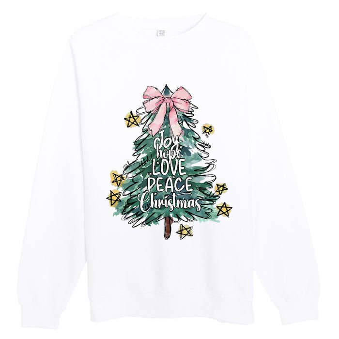 Joy Hope Love Peace Christmas Tree Coquette Bow Xmas Girl Premium Crewneck Sweatshirt