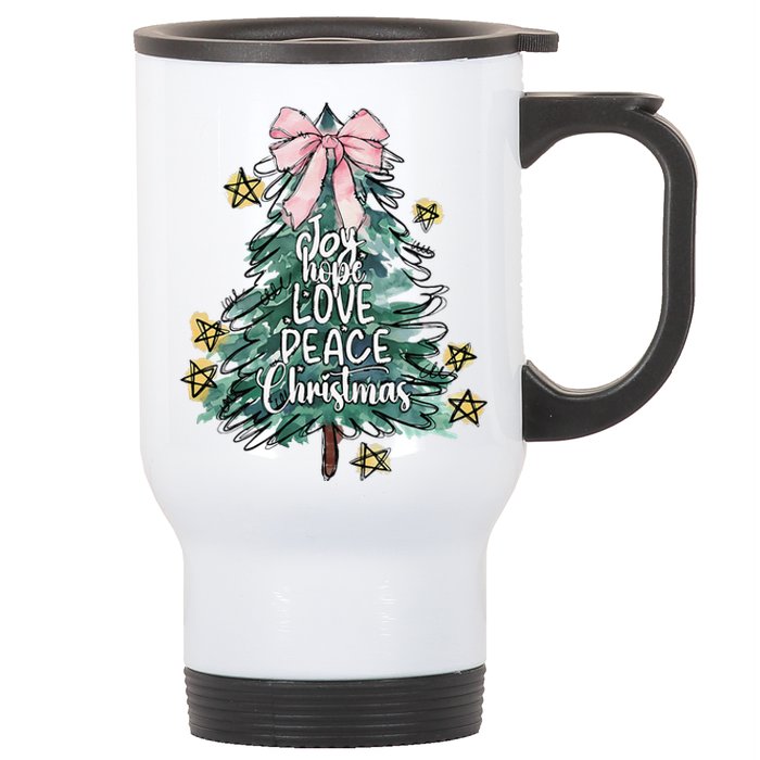 Joy Hope Love Peace Christmas Tree Coquette Bow Xmas Girl Stainless Steel Travel Mug