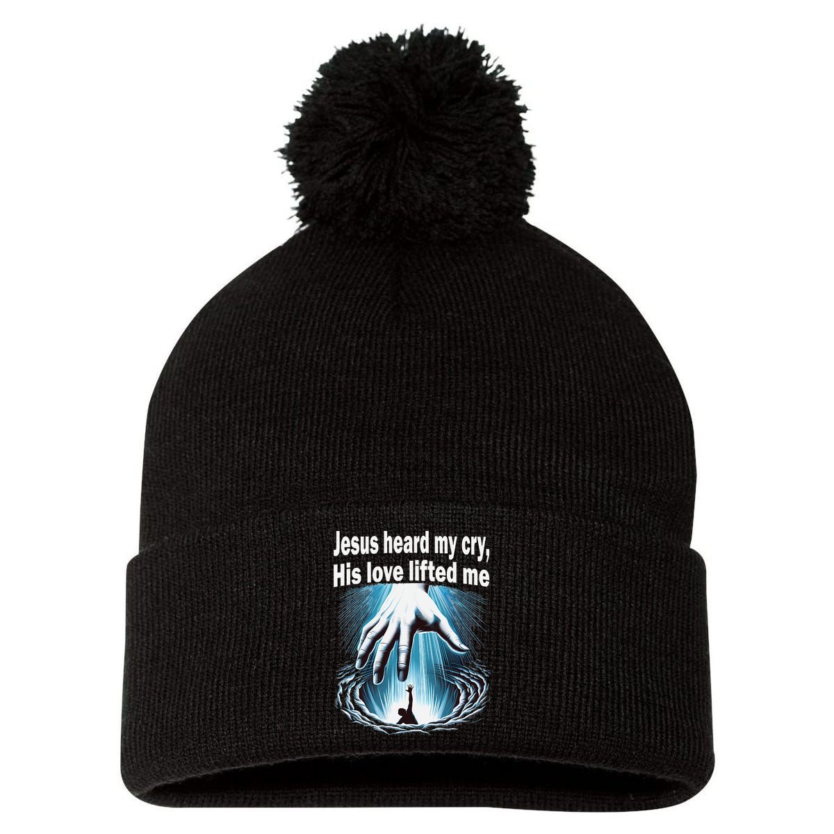 Jesus Heard My Cry His Love Lifted Me Pom Pom 12in Knit Beanie