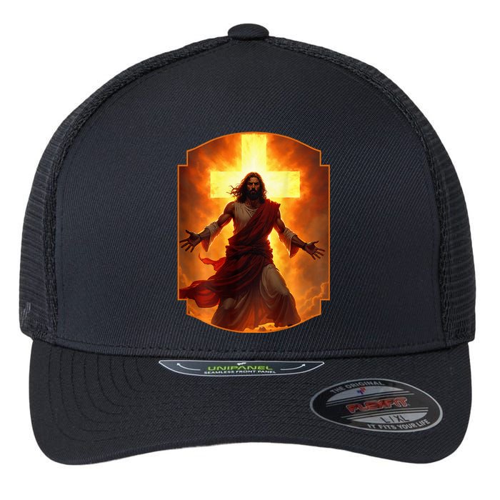 Jesus Has My Back Christ Christian Cross Front + Back Flexfit Unipanel Trucker Cap