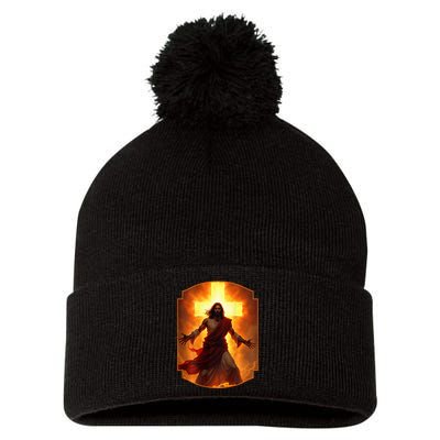 Jesus Has My Back Christ Christian Cross Front + Back Pom Pom 12in Knit Beanie