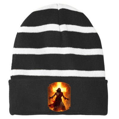 Jesus Has My Back Christ Christian Cross Front + Back Striped Beanie with Solid Band