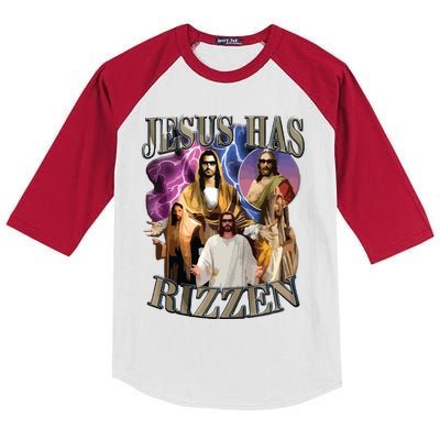 Jesus Has Rizzen He Is Rizzen Jesus Rizz Kids Colorblock Raglan Jersey