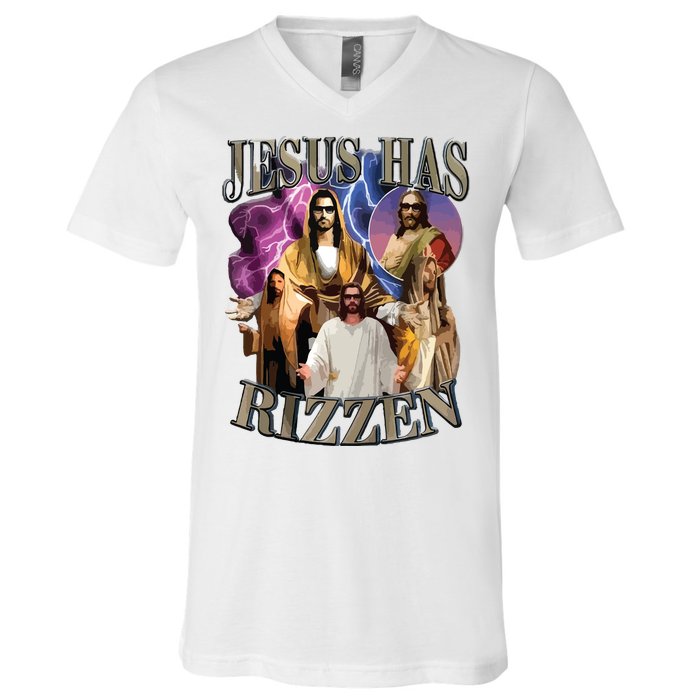 Jesus Has Rizzen He Is Rizzen Jesus Rizz V-Neck T-Shirt