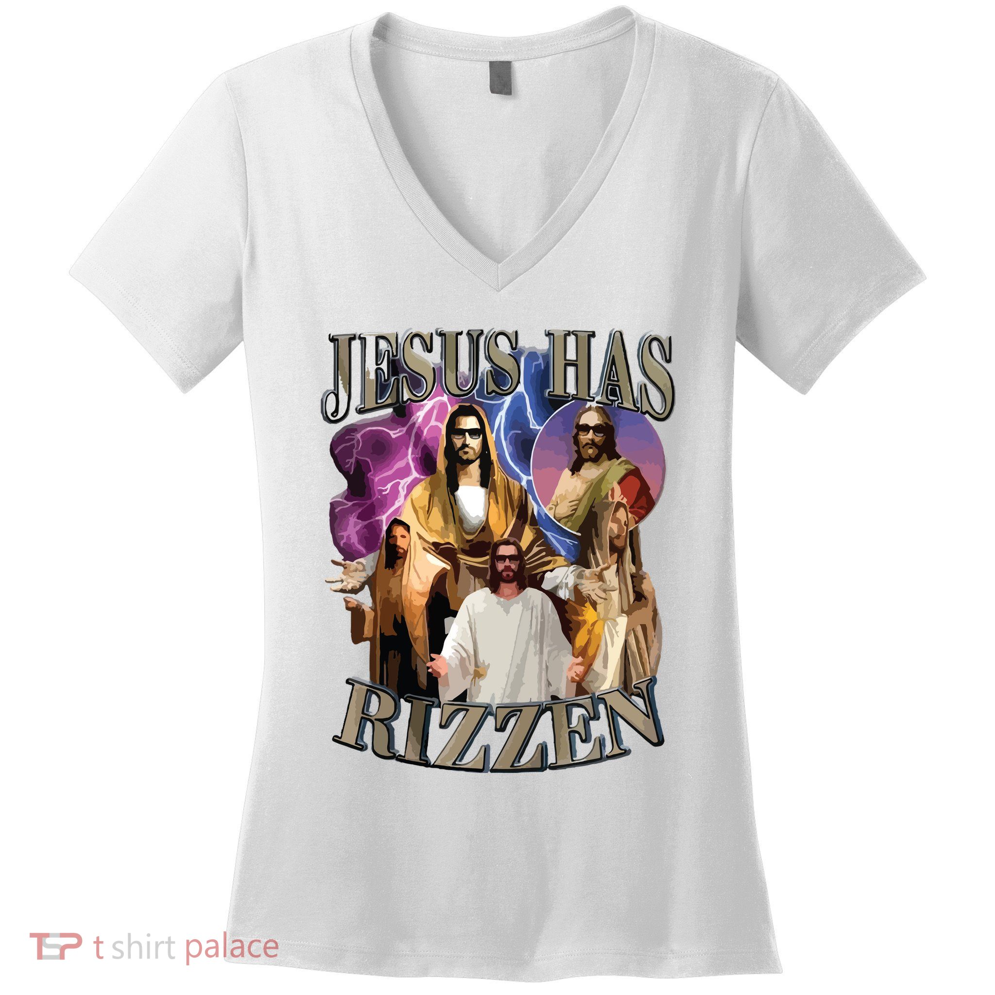 Jesus Has Rizzen He Is Rizzen Jesus Rizz Women's V-Neck T-Shirt