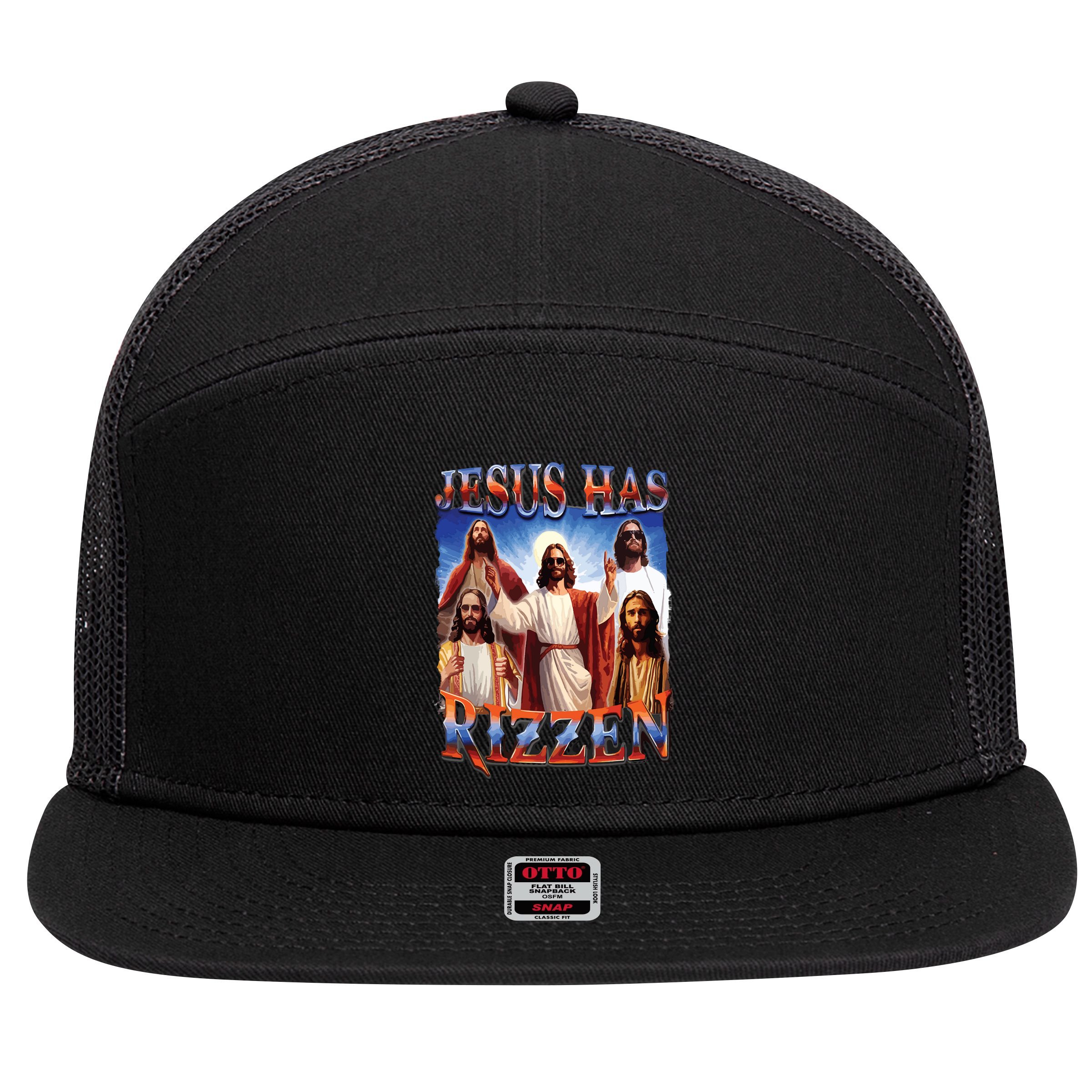 Jesus Has Rizzen He Is Rizzen Jesus Rizz 7 Panel Mesh Trucker Snapback Hat