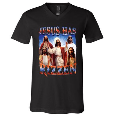 Jesus Has Rizzen He Is Rizzen Jesus Rizz V-Neck T-Shirt