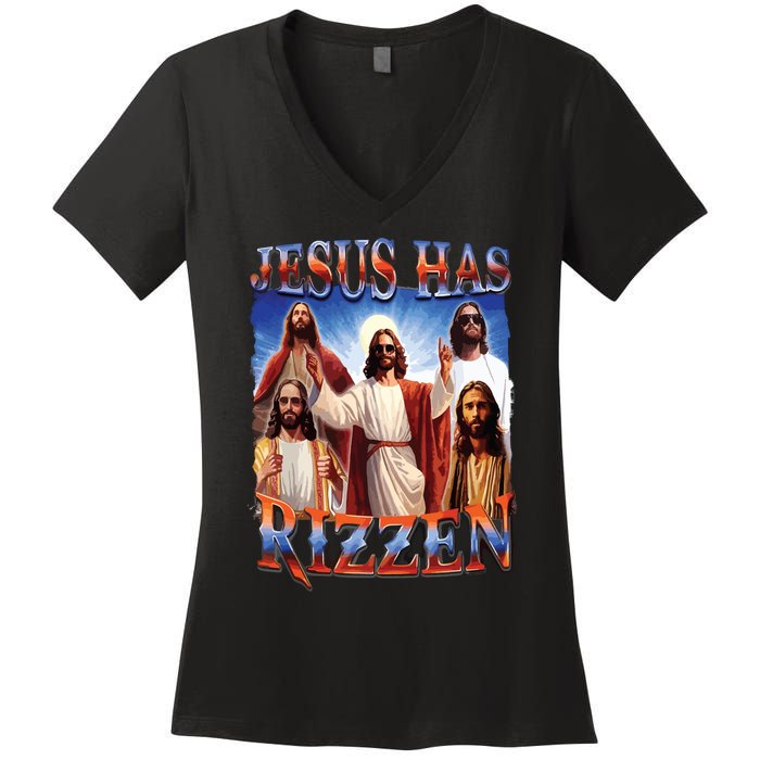 Jesus Has Rizzen He Is Rizzen Jesus Rizz Women's V-Neck T-Shirt