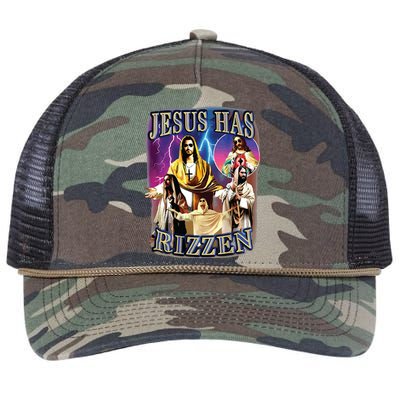 Jesus Has Rizzen He Is Rizzen Jesus Rizz Retro Rope Trucker Hat Cap