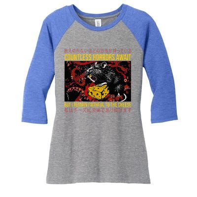 Japanese Horror Rat Retro Countless Horrors Await Women's Tri-Blend 3/4-Sleeve Raglan Shirt