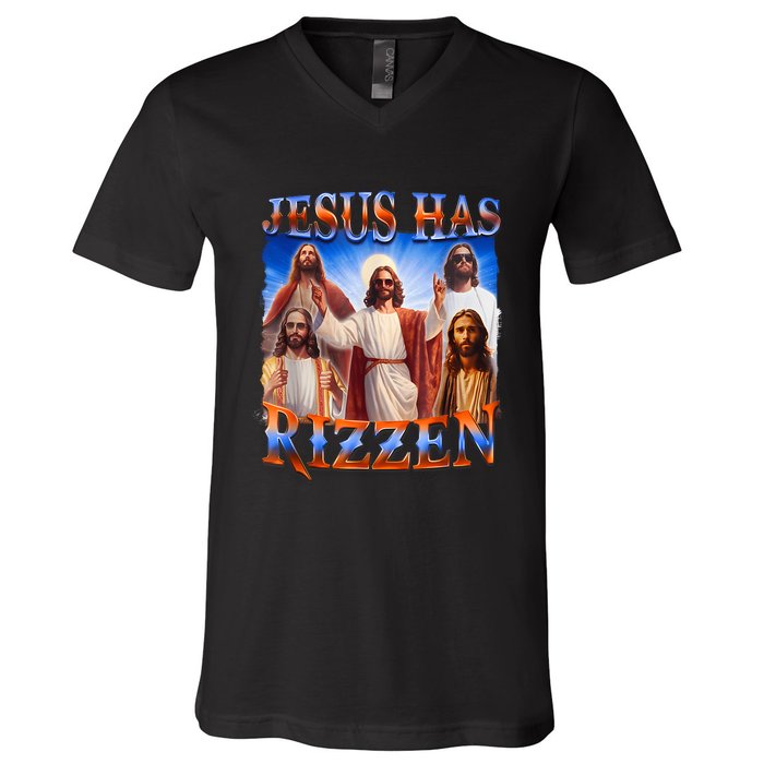 Jesus Has Rizzen Funny Christian Quote For Religion Lovers V-Neck T-Shirt