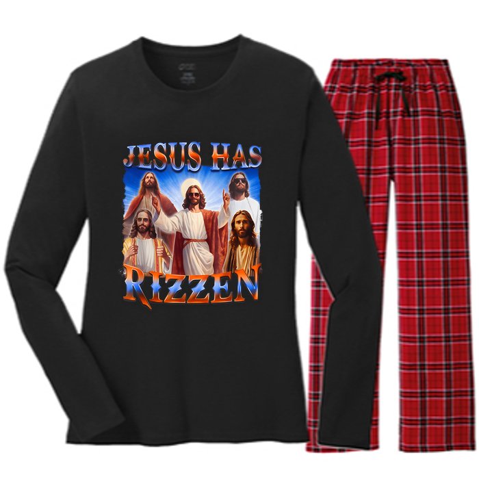 Jesus Has Rizzen Funny Christian Quote For Religion Lovers Women's Long Sleeve Flannel Pajama Set 