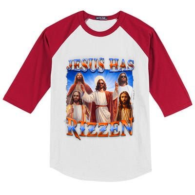 Jesus Has Rizzen Funny Christian Quote For Religion Lovers Kids Colorblock Raglan Jersey