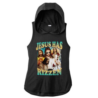 Jesus Has Rizzen Ladies PosiCharge Tri-Blend Wicking Draft Hoodie Tank